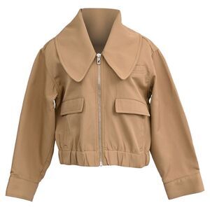 Ganni Zipped Wide Collar Cropped Jacket in Brown Polyester